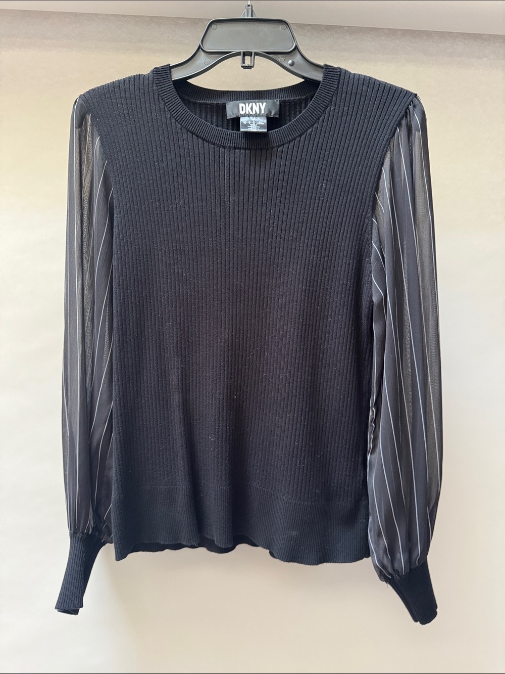 DKNY Black Ribbed Top with Striped Sheer Sleeves
